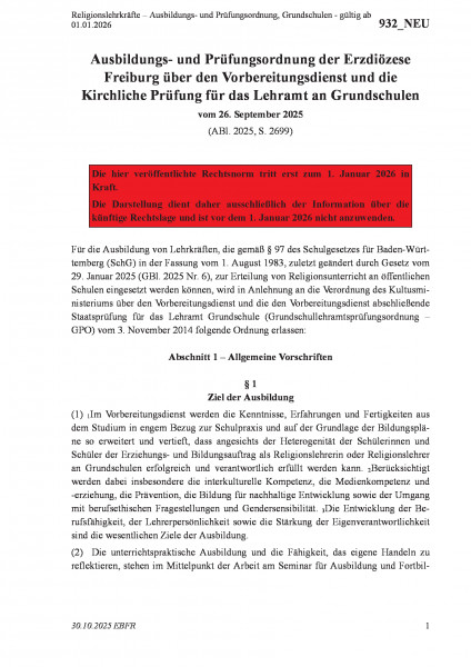 932_NEU Religionslehrkräfte – Ausbildungs- und Prüfungsordnung, Grundschulen - gültig ab 01.01.2026