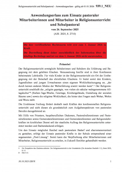 939.1_NEU Religionsunterricht und Schulpastoral - Anwendungserlass - gültig ab 01.01.2026