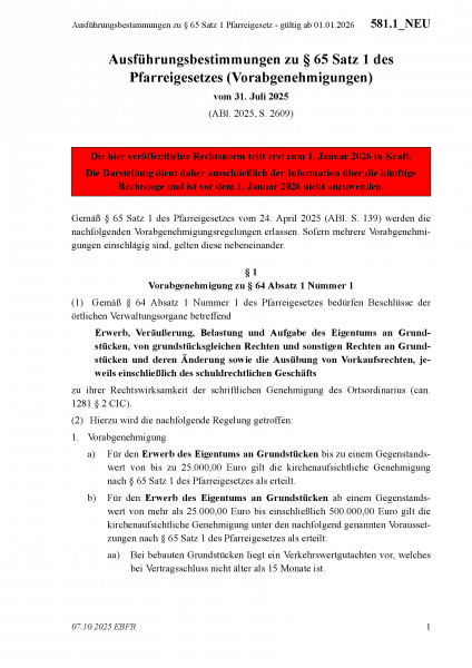 581.1_NEU Ausführungsbestimmungen zu § 65 Satz 1 Pfarreigesetz - gültig ab 01.01.2026