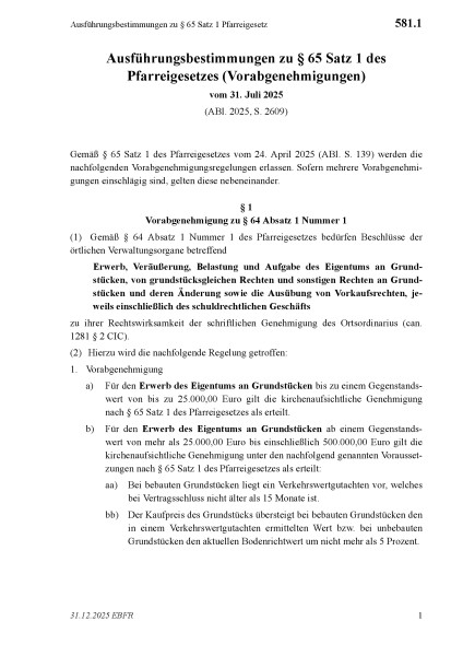 581.1 Ausführungsbestimmungen zu § 65 Satz 1 Pfarreigesetz