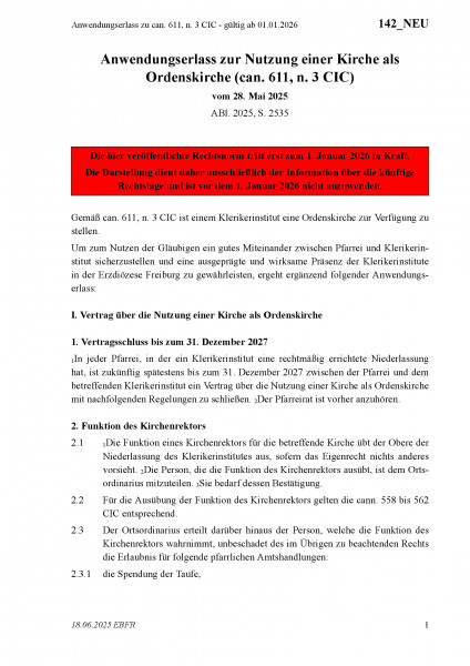 142_NEU Anwendungserlass zu can. 611, n. 3 CIC - gültig ab 01.01.2026