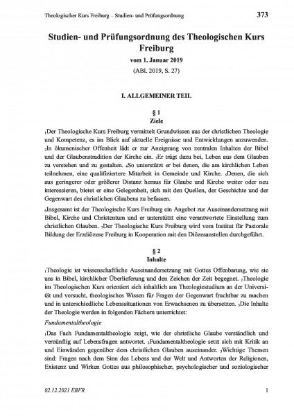 373 Theologischer Kurs Freiburg – Studien- und Prüfungsordnung