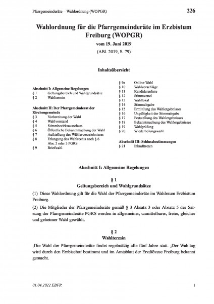 226 Pfarrgemeinderäte – Wahlordnung (WOPGR)