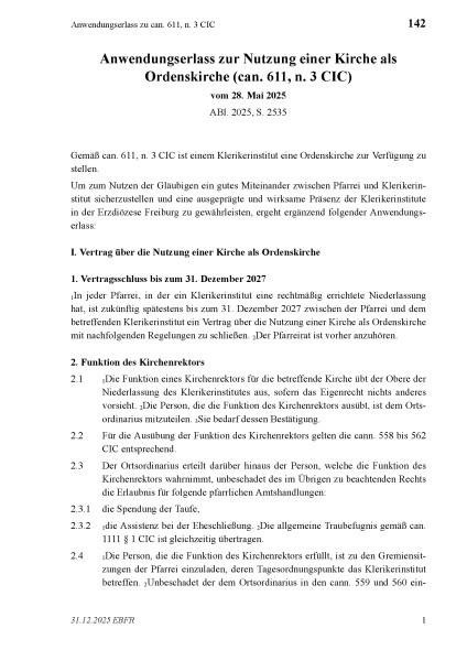 142 Anwendungserlass zu can. 611, n. 3 CIC