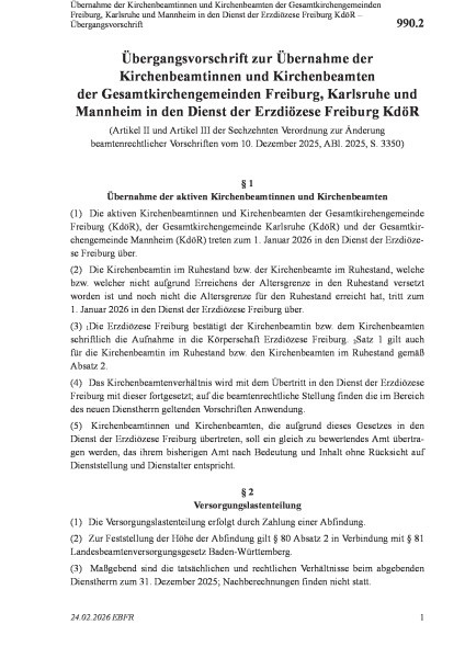 990.2 Übernahme der Kirchenbeamtinnen und Kirchenbeamten der Gesamtkirchengemeinden Freiburg, Karlsr