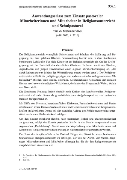 939.1 Religionsunterricht und Schulpastoral - Anwendungserlass