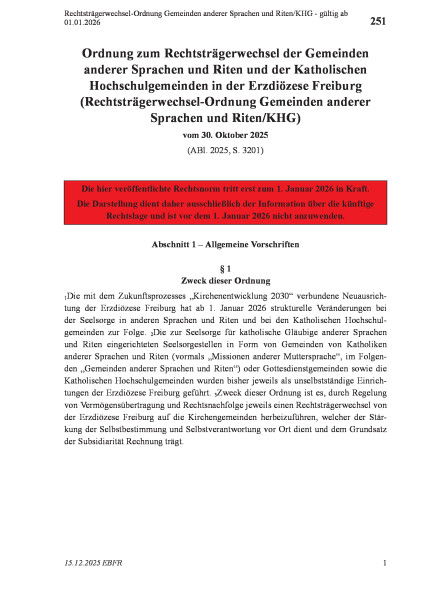 251 Rechtsträgerwechsel-Ordnung Gemeinden anderer Sprachen und Riten/KHG - gültig ab 01.01.2026